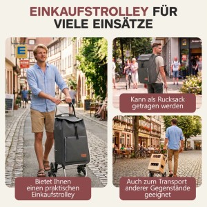 Sekey Treppensteiger Einkaufstrolley, grau, mit Rucksackfunktion und 3-Rad-System für einfaches Treppensteigen.