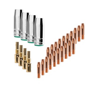 STAHLWERK Verschleißteile Set, 28-teilig für MIG MAG Schweißbrenner 25AK/MB25, Gasdüsen, Stromdüsen und Düsenstock.