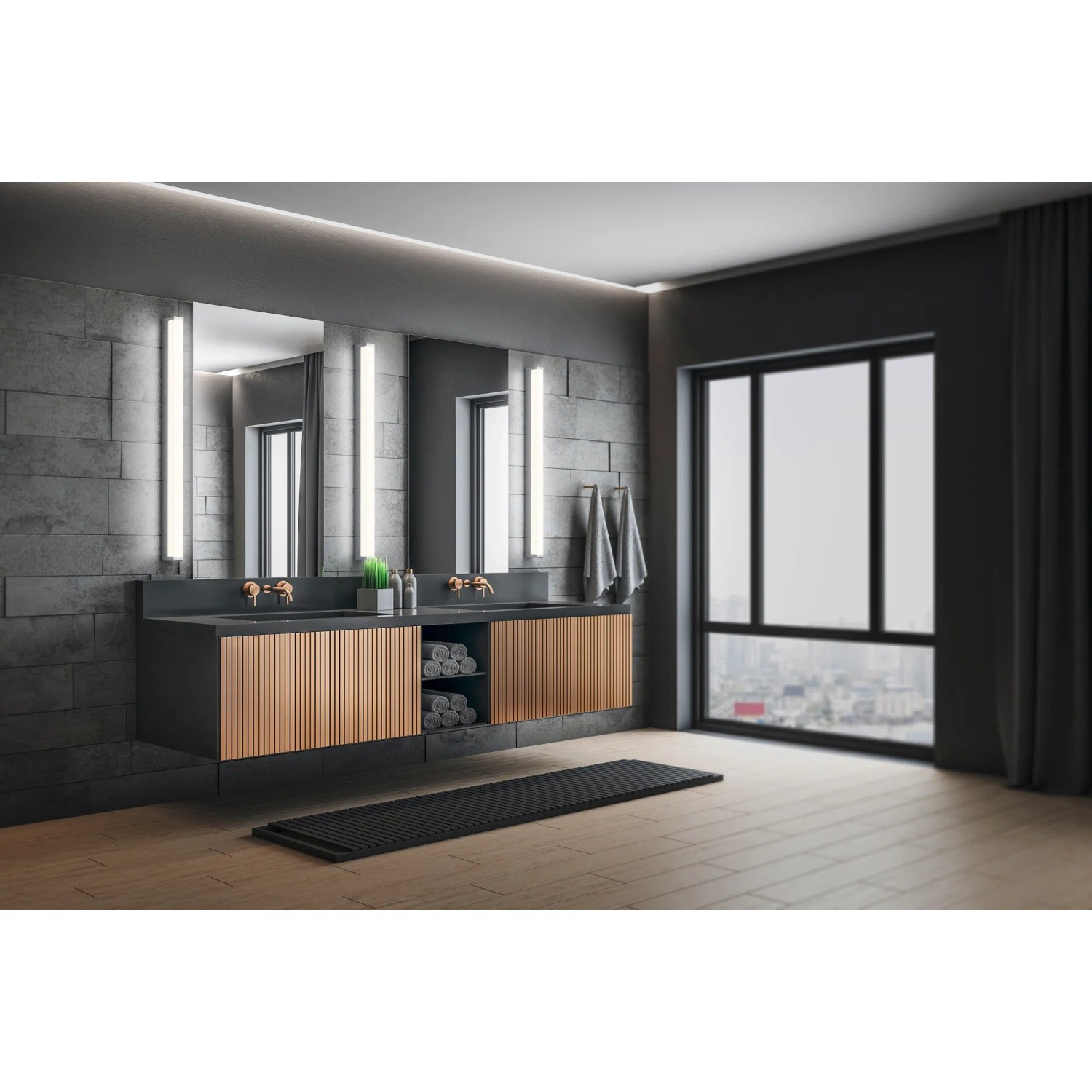 Modernes Badezimmer mit Trio LED-Wandleuchte Fabio in Chrom, Bad-Wandleuchte mit warmweißem Licht.
