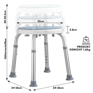 KARAT Duschhocker Peter, höhenverstellbar, drehbar, belastbar bis 150 kg, mit rutschfesten Füßen.
