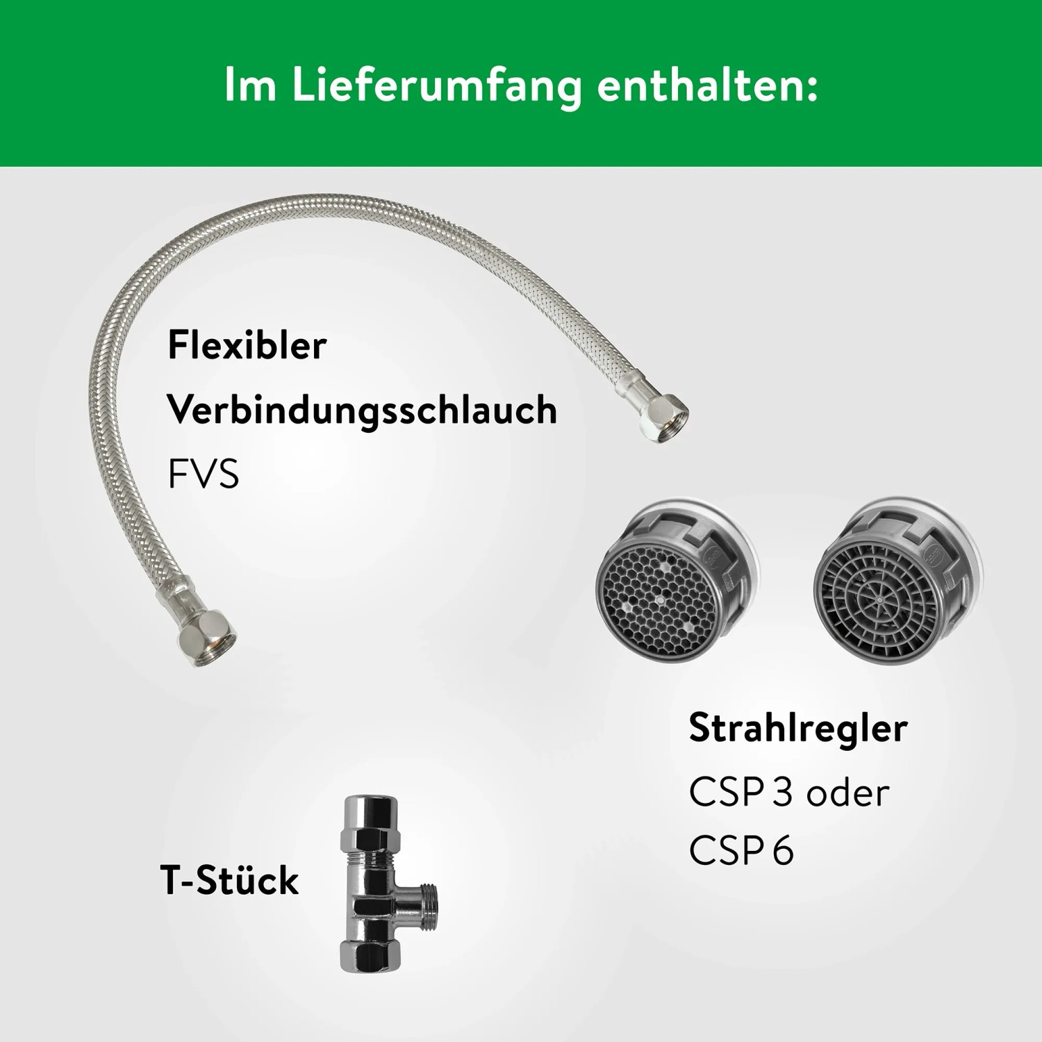 Zubehör für Clage Durchlauferhitzer: Flexibler Schlauch, Strahlregler und T-Stück.