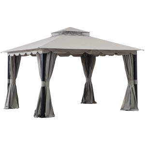 Grauer Sunjoy Gazebo Stoj Pavillon (336x402 cm) mit Stoffdach und Vorhängen.