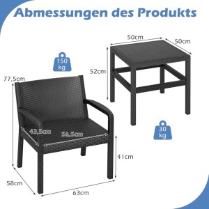 Costway Rattan Gartenmöbel Set, 3-teilig, schwarz, mit Maßen von Stuhl und Tisch.