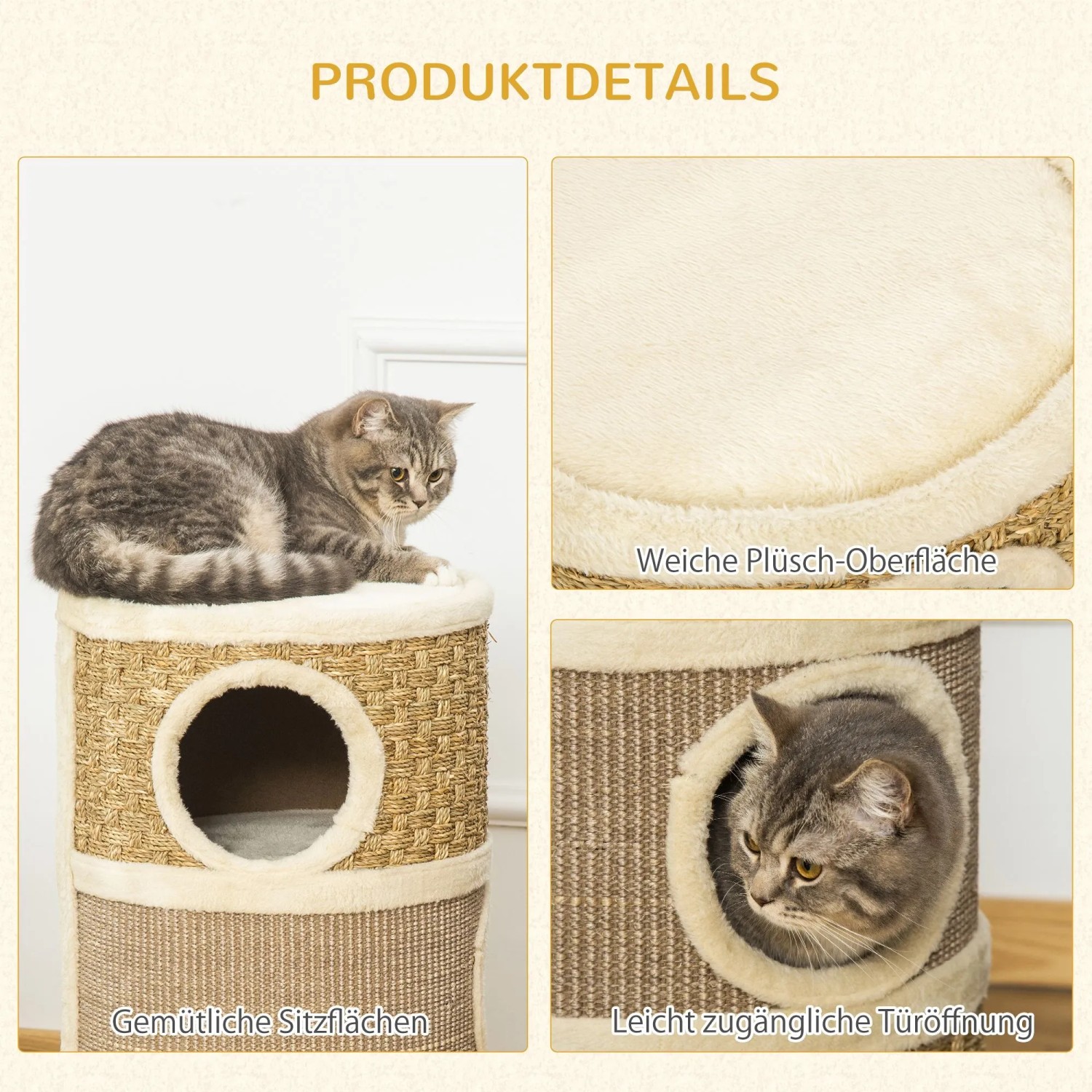 Katze auf beigem PawHut Katzenbaum mit 3 Ebenen, weicher Plüsch-Oberfläche und Sisal-Kratzfläche. Katzenmöbel.