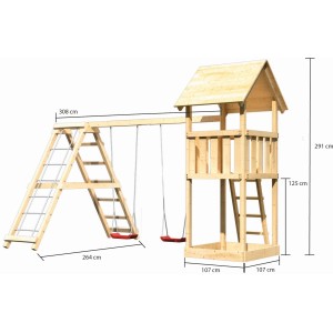 Karibu Kinderspielturm Lotti Set mit Doppelschaukel und Klettergerüst aus Holz.