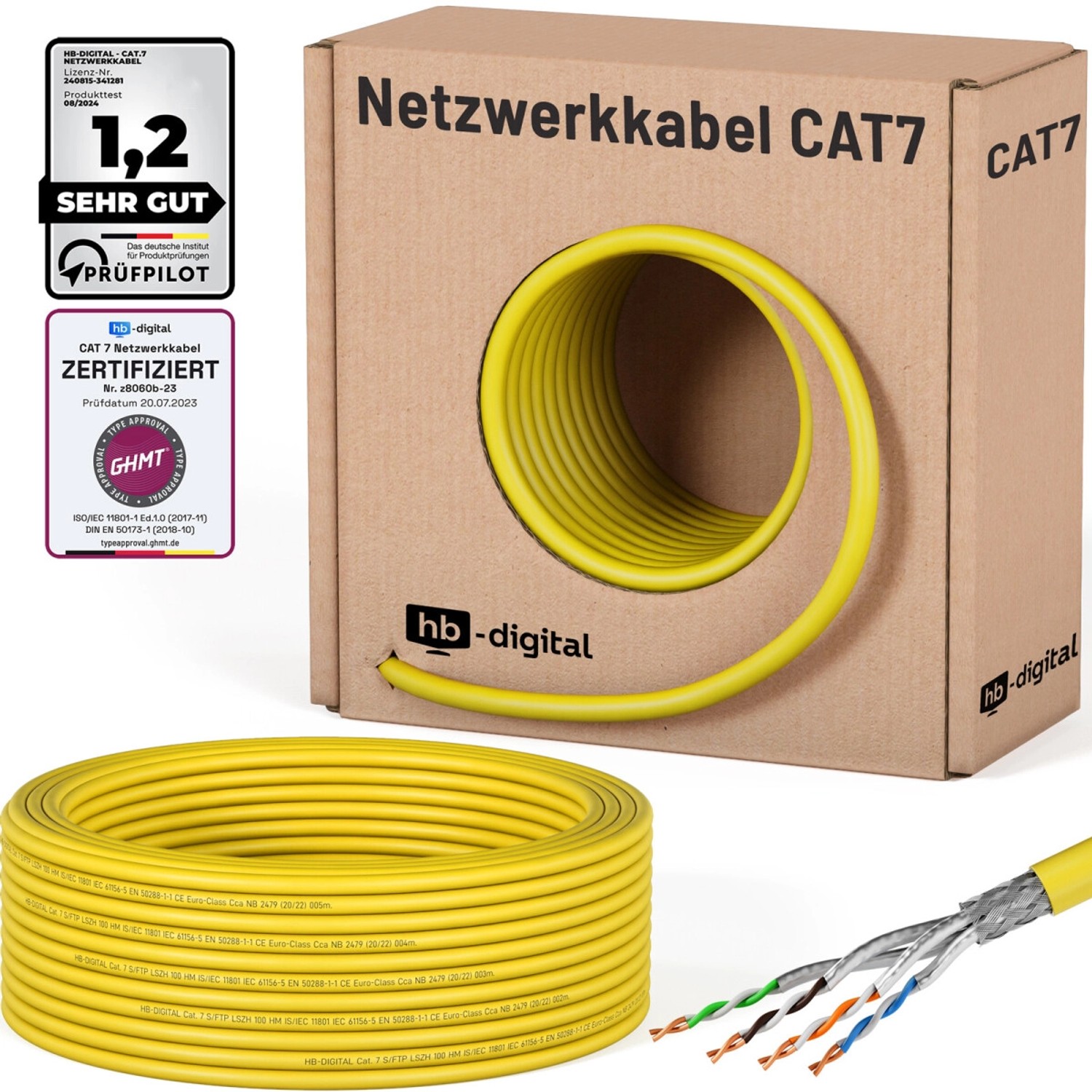 hb-digital CAT 7 Kabel Netzwerkkabel max. 1000 MHz S/FTP AWG23 LSZH 25m gelb