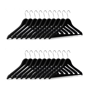 20 schwarze Holzkleiderbügel mit Hosenstange und drehbaren Metallhaken. Ideal für knitterfreie Kleidung im Kleiderschrank.