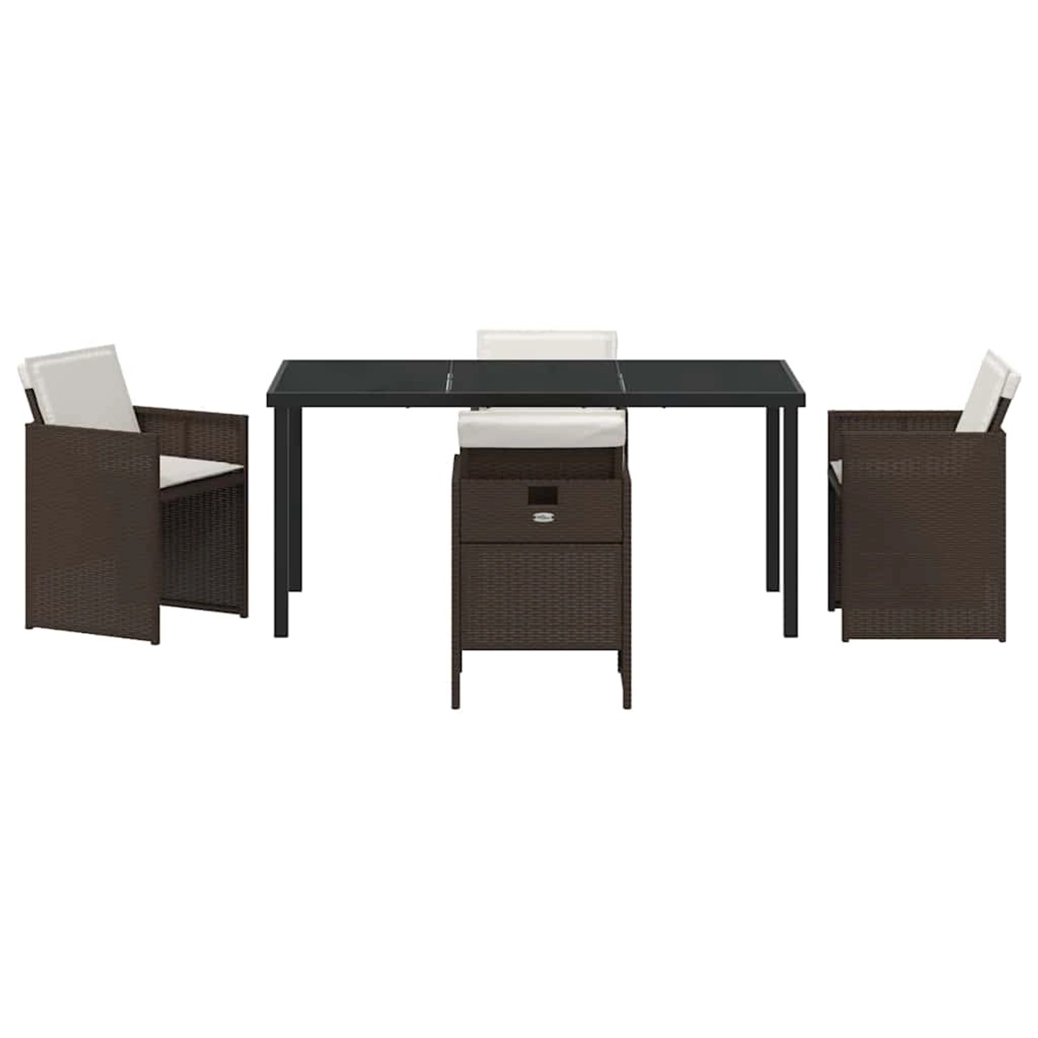 Braune 5-tlg. vidaXL Garten Essgruppe aus Poly Rattan mit Tisch und Stühlen.