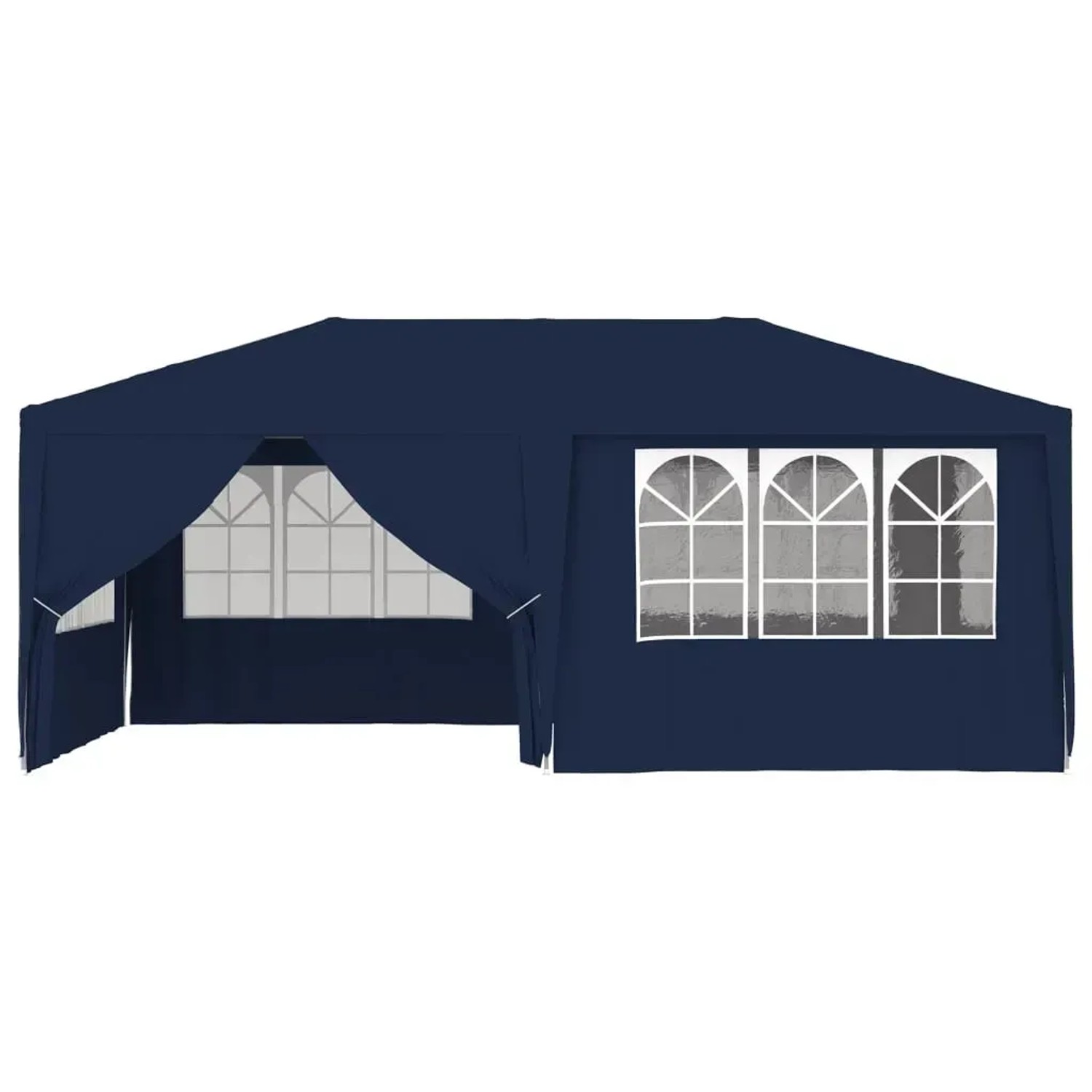 Blaues Partyzelt 4x6 m mit Seitenwänden und Fenstern für Gartenpartys.