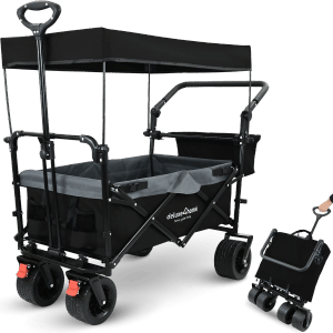 Faltbarer Bollerwagen von deluxe4home mit Dach und breiten Reifen in Schwarz und Grau.