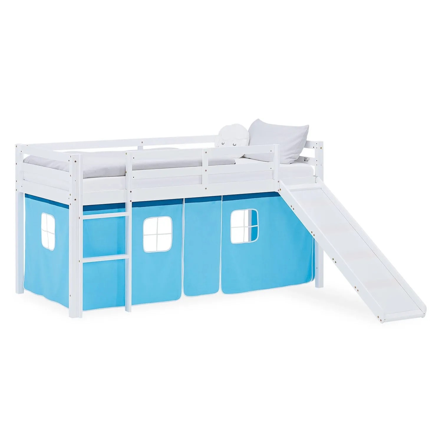 Homestyle4u Kinder Hochbett 90x200 Rutsche Vorhang Blau Kinderbett 2986