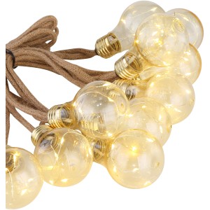 Globo LED-Solarlichterkette mit amberfarbenen Kunststoff-Leuchten und braunem Hanfseil.