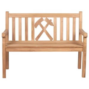 Gartenbank Hammer/Glückauf aus Teakholz mit gekreuzten Hämmern im Rückenteil.