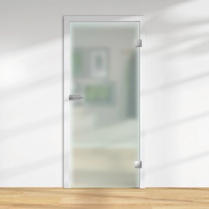 Satinierte Glasdrehtür, ESG Floatglas, DIN Rechts, 1972x834x8 mm, mit silberfarbenem Griff.