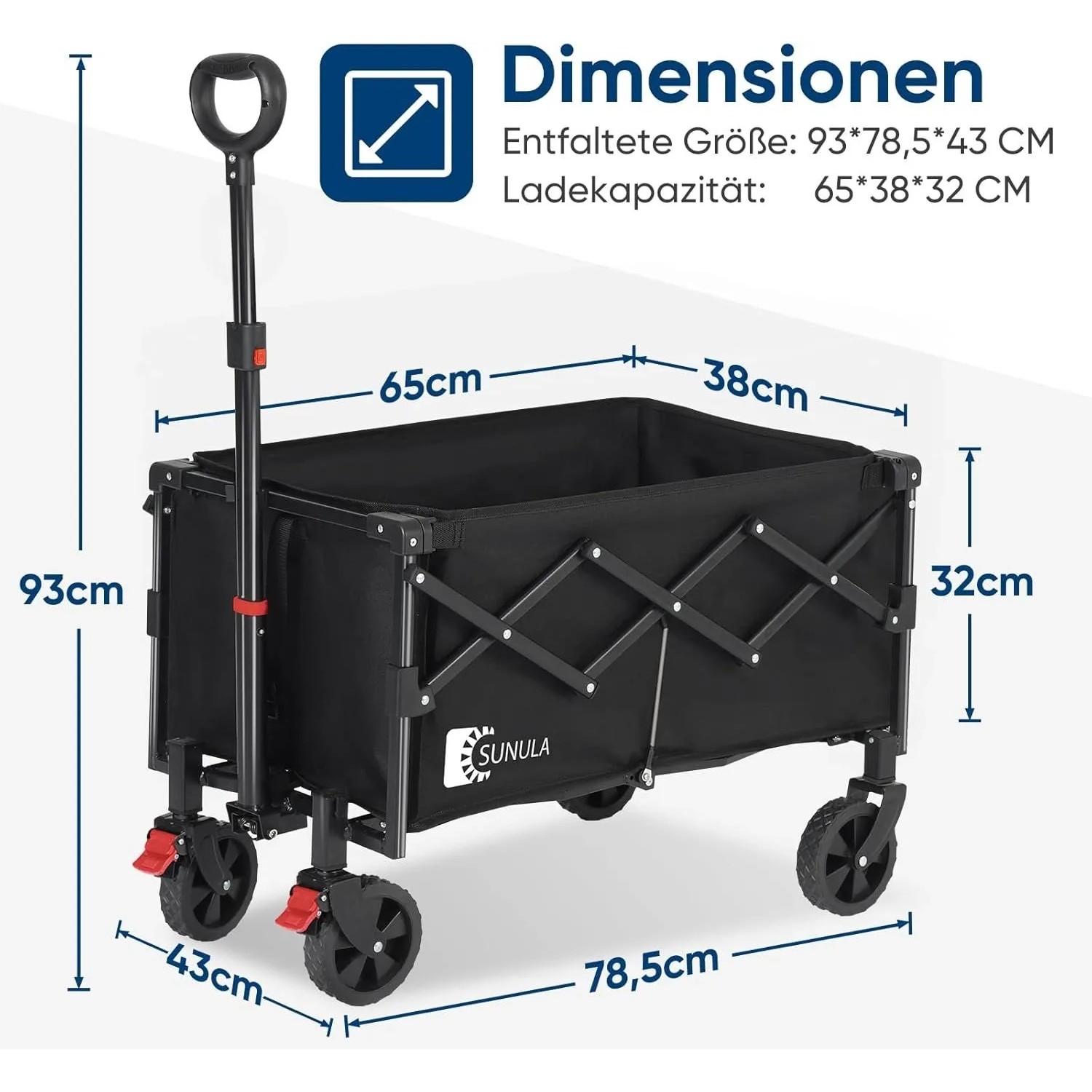 Schwarzer, faltbarer SUNULA Bollerwagen mit Stahlrahmen und 100 kg Tragkraft für Camping & Freizeit.