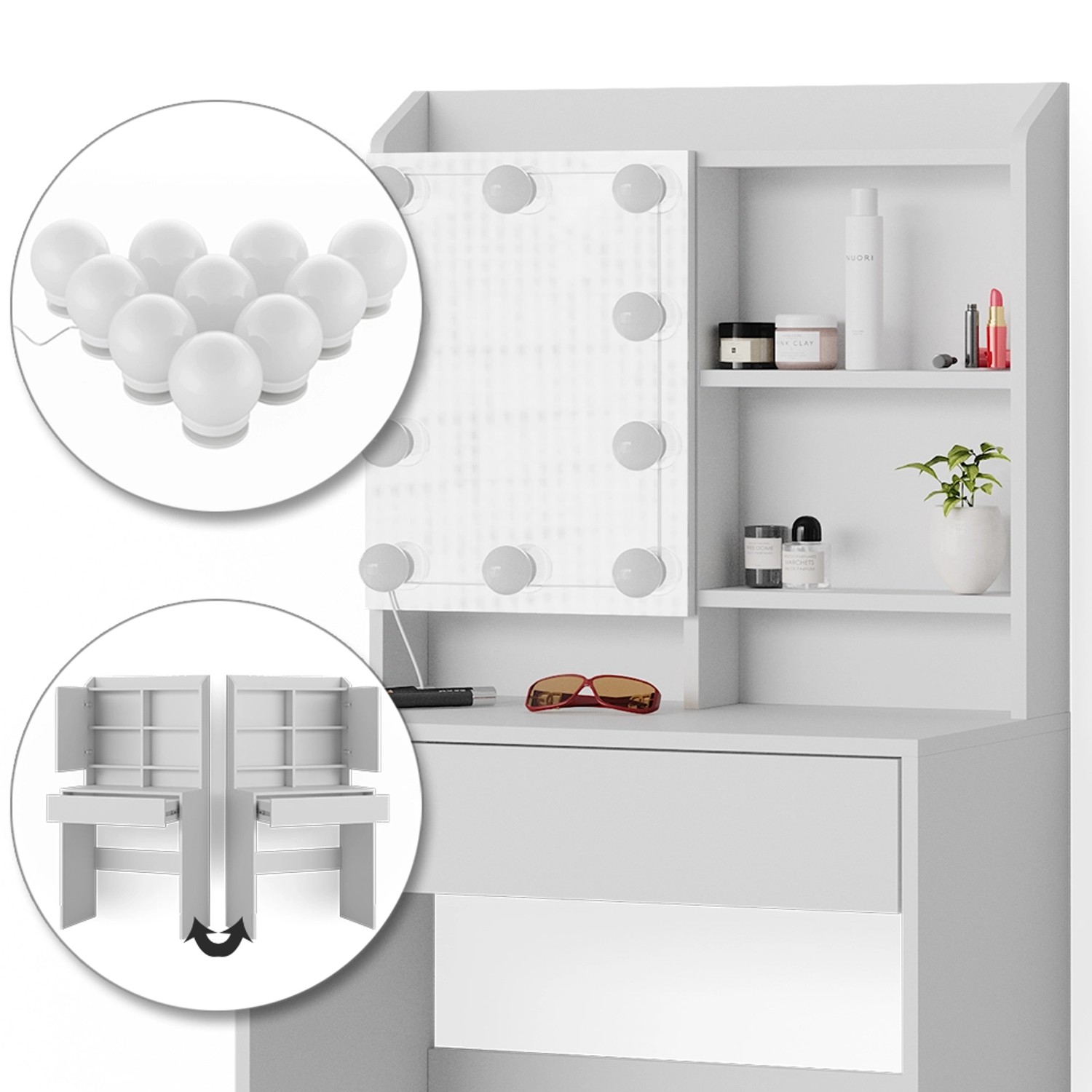 Weißer Vicco Schminktisch Laura (70 cm) mit LED-Beleuchtung und Spiegel.