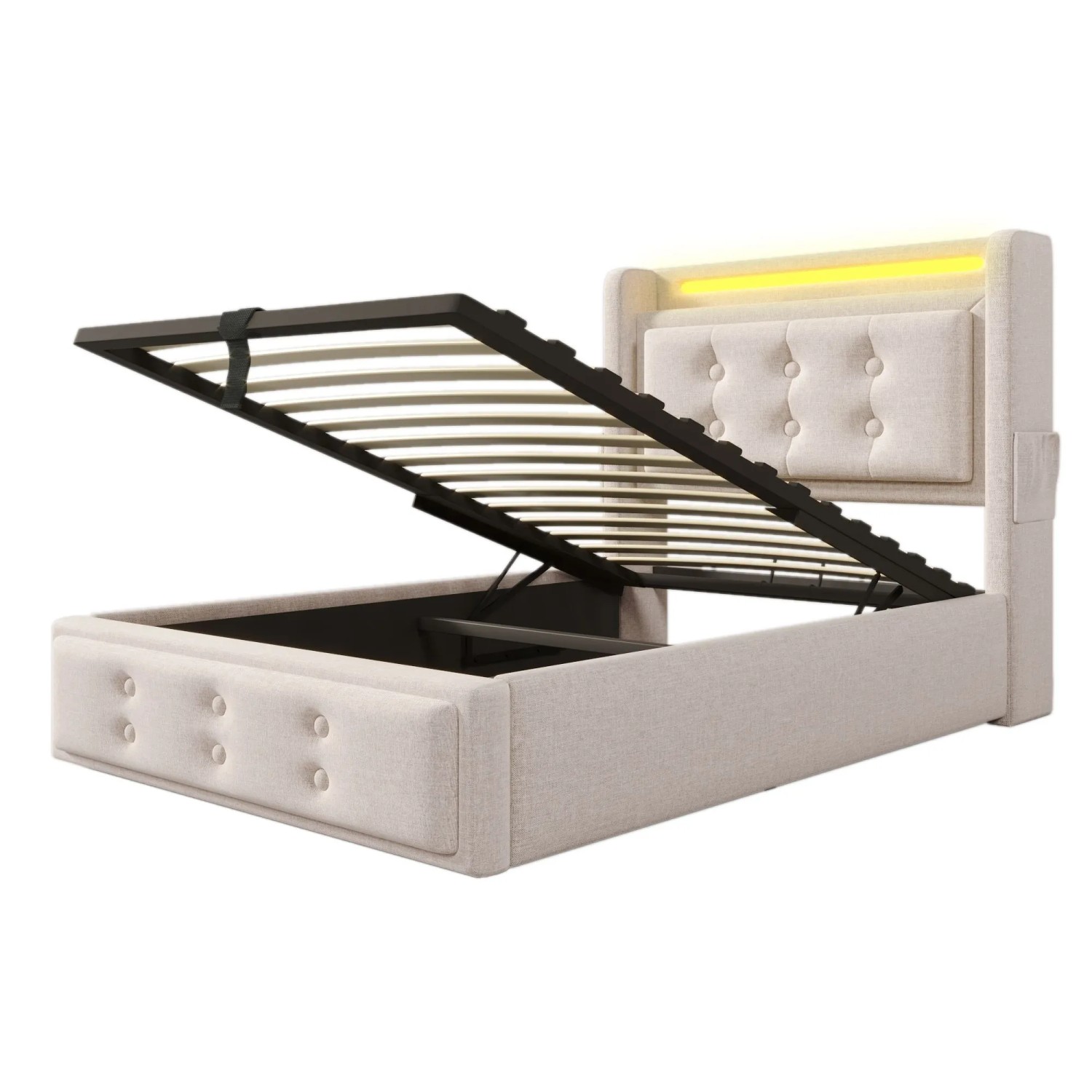 Merax Polsterbett 90x200cm LED USB-C Hydraulisch Beige