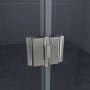 Detailaufnahme: Scharnier der Glasdeals Nischentür ENTRARO Dusche, Chromoptik.
