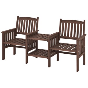Dunkelbraune Gartenbank aus Tannenholz mit zwei Sitzen, Armlehnen und integriertem Tisch mit Schirmloch.
