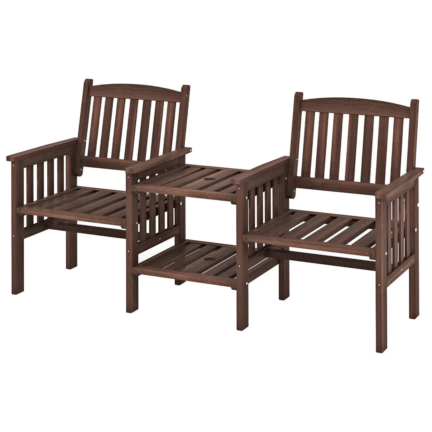 Costway Gartenbank mit Tisch Tannenholz 2-Sitzer mit Schirmloch Braun