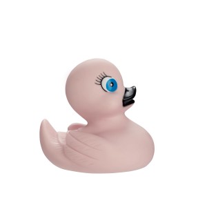 Badeente Hanni in Nelke: Rosa Vinyl-Ente mit blauem Auge und schwarzen Details.