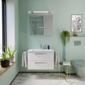 Pelipal Badmöbel-Set Trentino, 77 cm, Weiß: Waschtisch mit Unterschrank und Spiegelschrank mit LED-Beleuchtung.