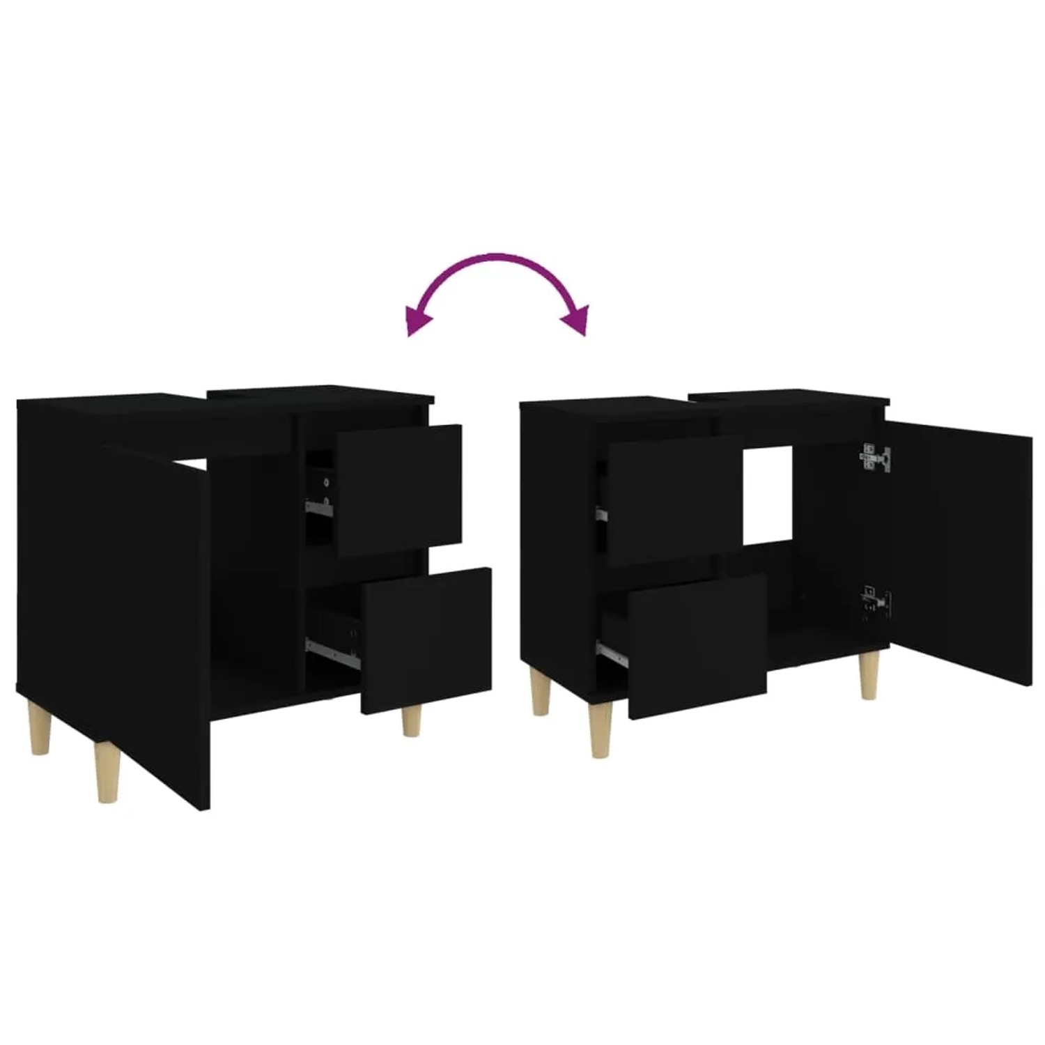 Schwarzer Badschrank (65x33x60 cm) mit Schubladen und Tür, flexible Montage. Teil eines Badmöbel-Sets.