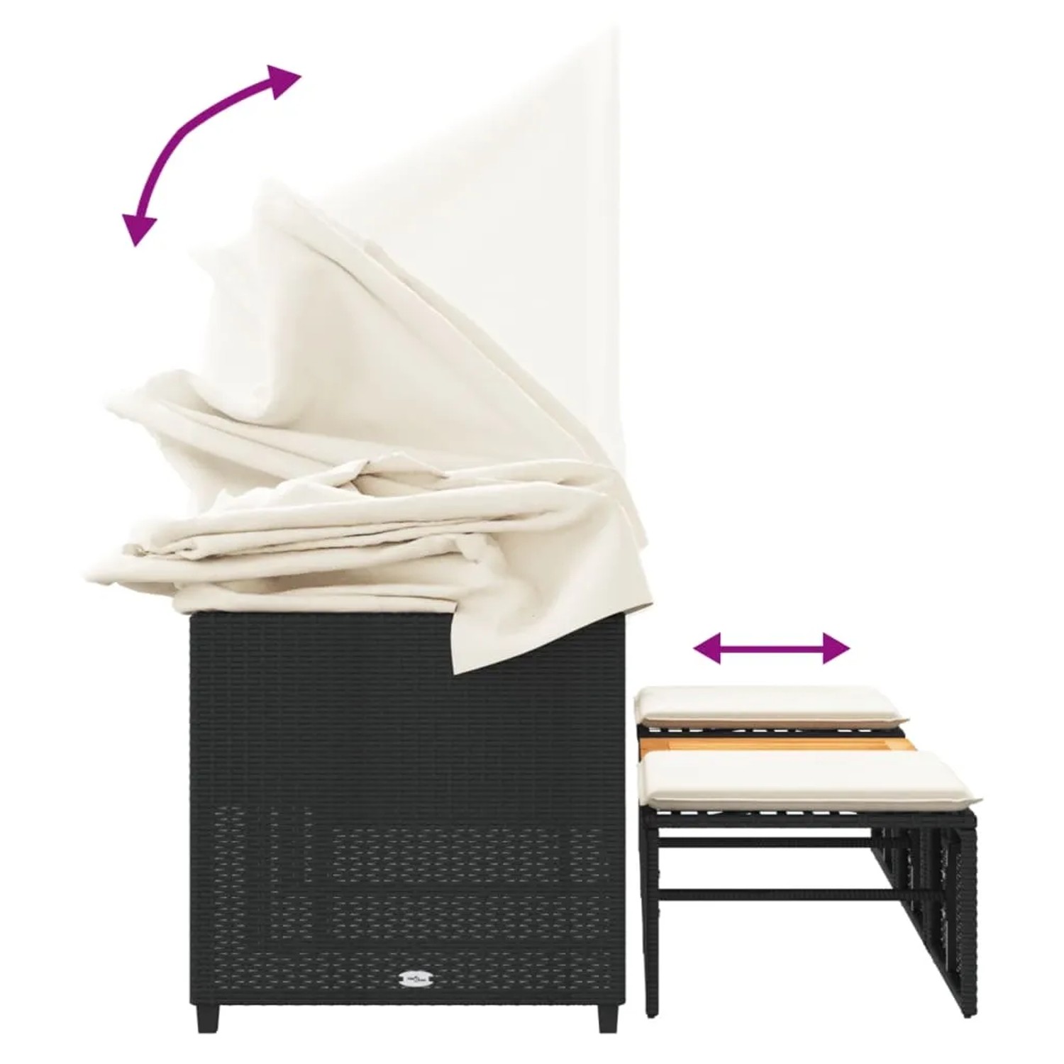 Schwarzes 3-Sitzer Outdoor-Sofa mit Dach und Hockern aus Polyrattan. Lounge-Gartenmöbel.