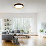 Moderne LED-Deckenleuchte Emilia, Ø 40 cm, schwarz mit Holzdekor, warmweißes Licht.