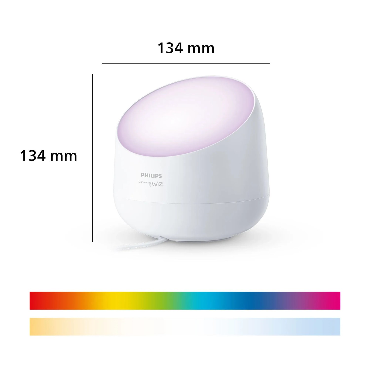 Kompakte weiße Philips Smart-LED-Tischleuchte Squire Lite (Ø 13,4 cm) mit Wallwashing-Effekt, farbiges Licht.
