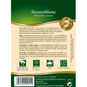 Samenpackung Quedlinburger Sonnenblume 'Henry Wilde', eine insektenfreundliche, hohe Sorte.
