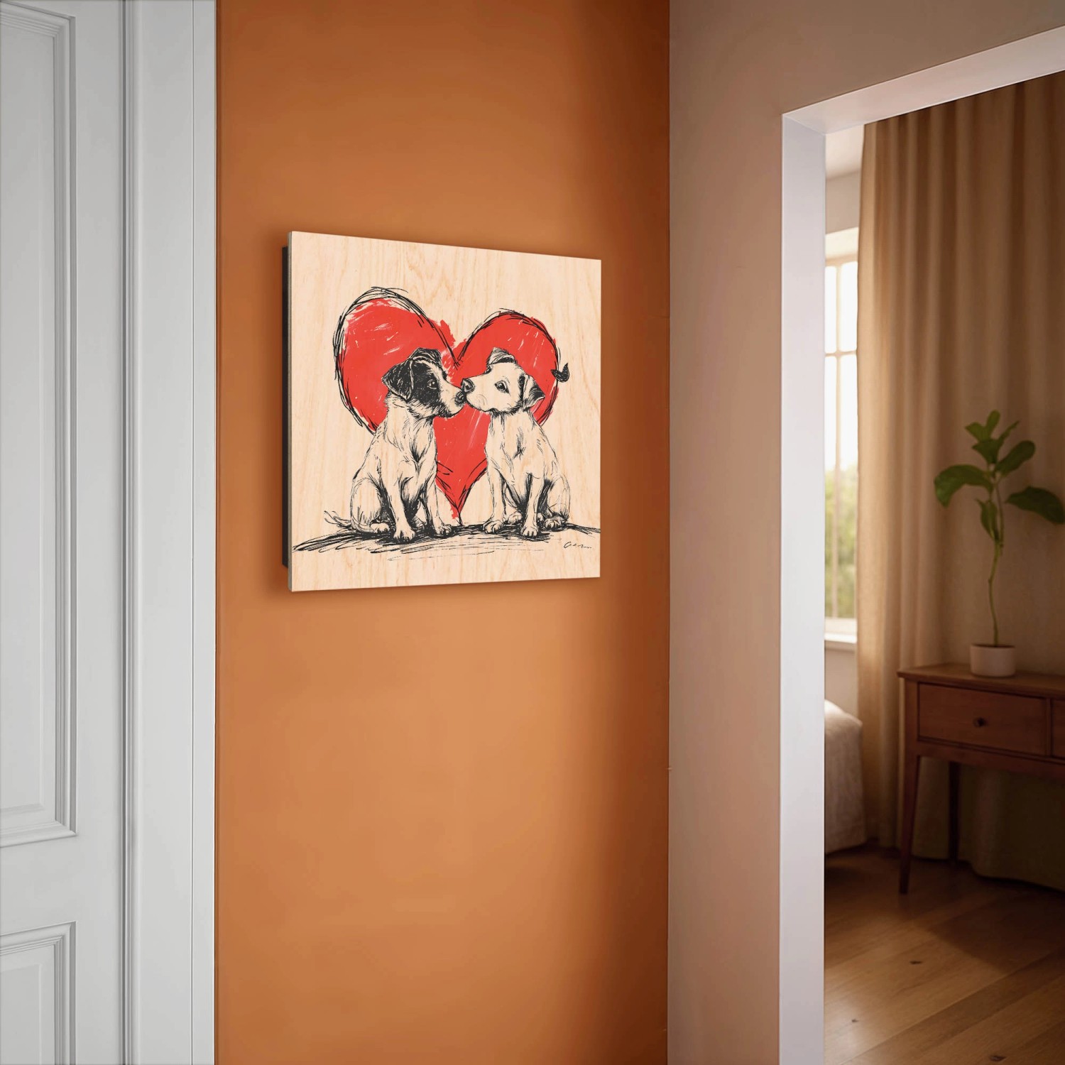 Banjado Schlüsselkasten Holz, 30x30cm, Motiv liebende Hunde vor rotem Herz. Schlüsselaufbewahrung für 50 Schlüssel.