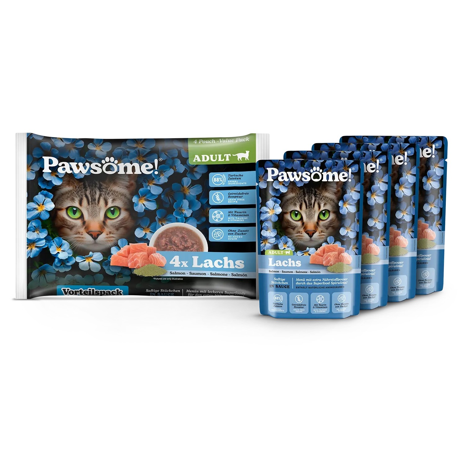 Pawsome Katzen-Nassfutter Adult Lachs, 4er Pack. Nassfutter mit Lachs für ausgewachsene Katzen.