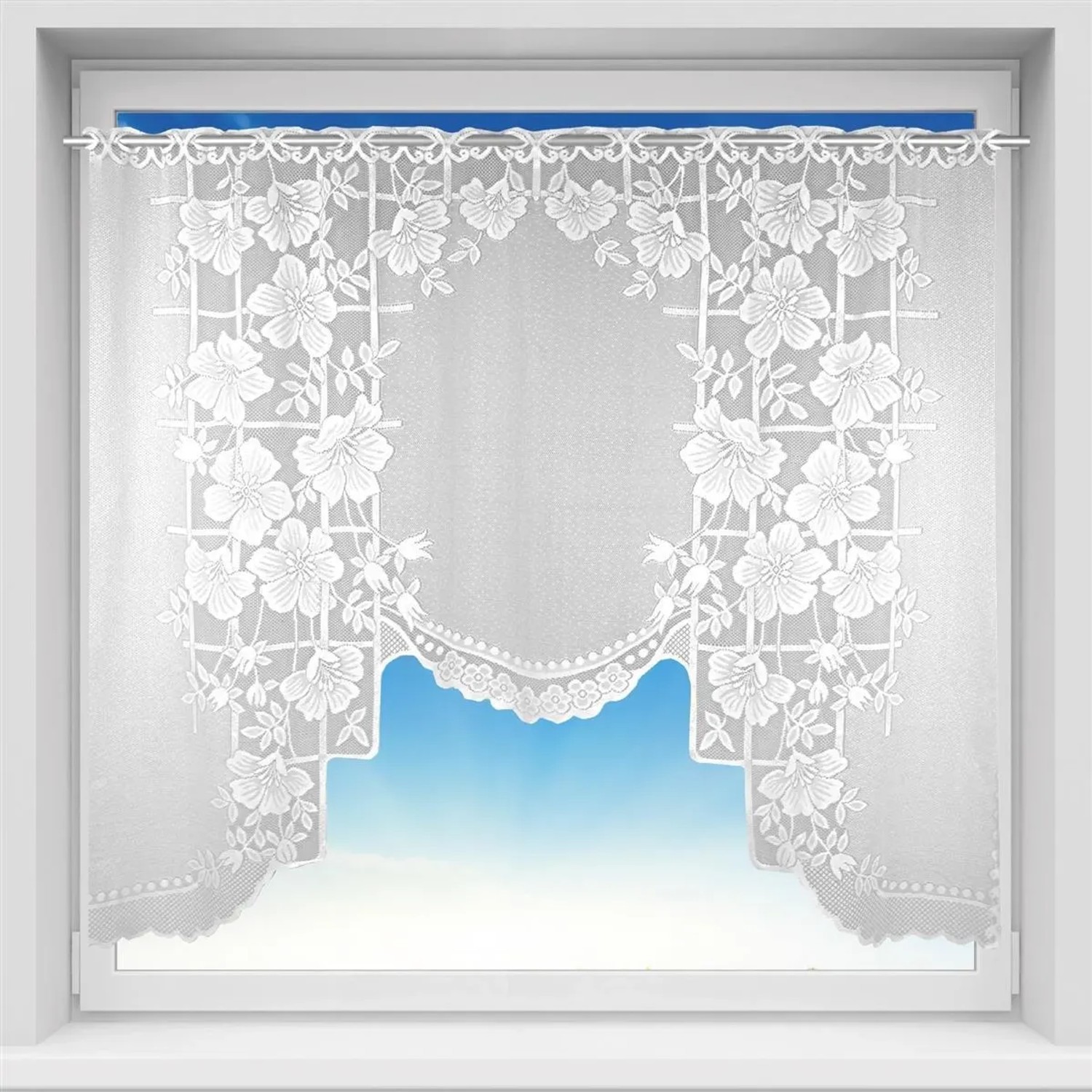 Weiße Bistrogardine mit Blumenmuster und Stangendurchzug für Fenster, M-Bogen, 150x120 cm.