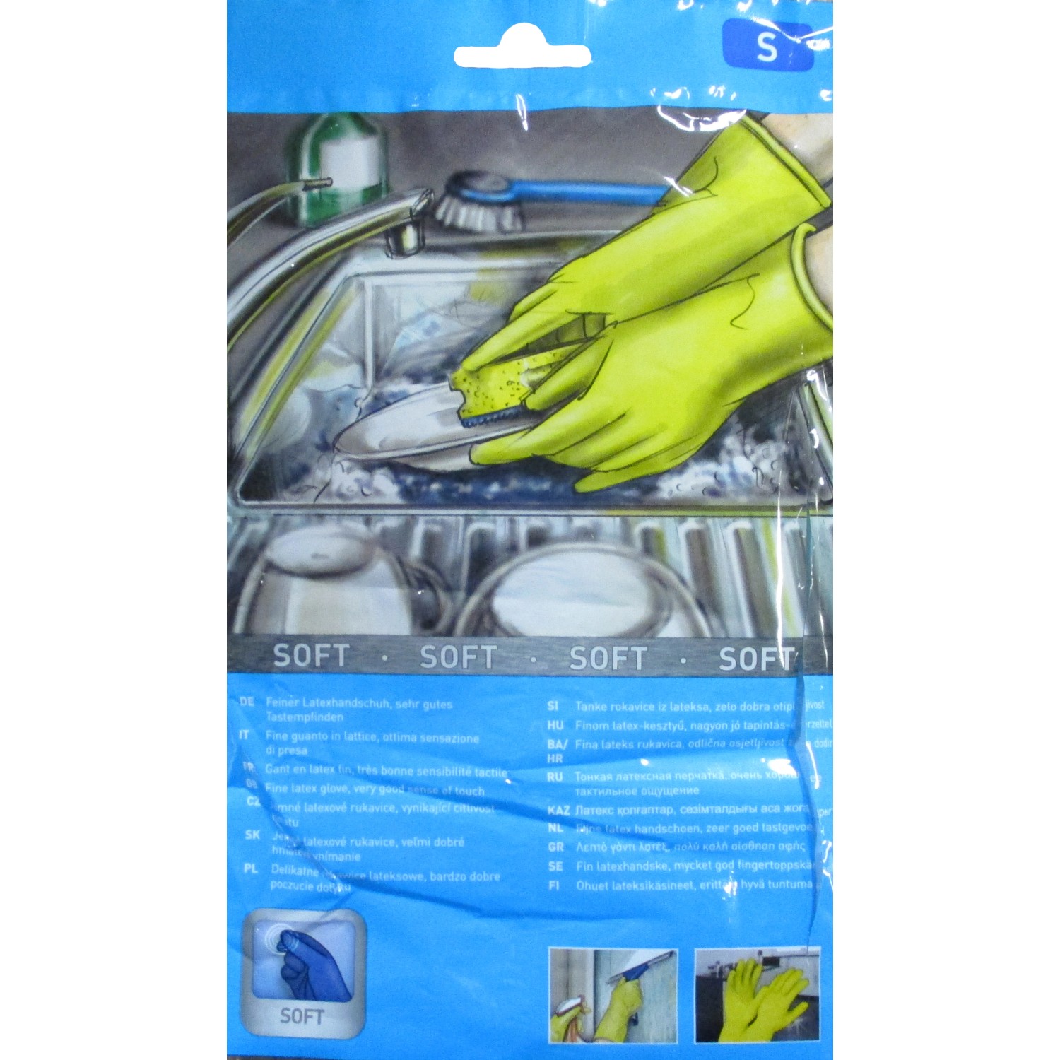 Verpackung gelber Haushaltshandschuhe Soft Größe S beim Abwaschen.