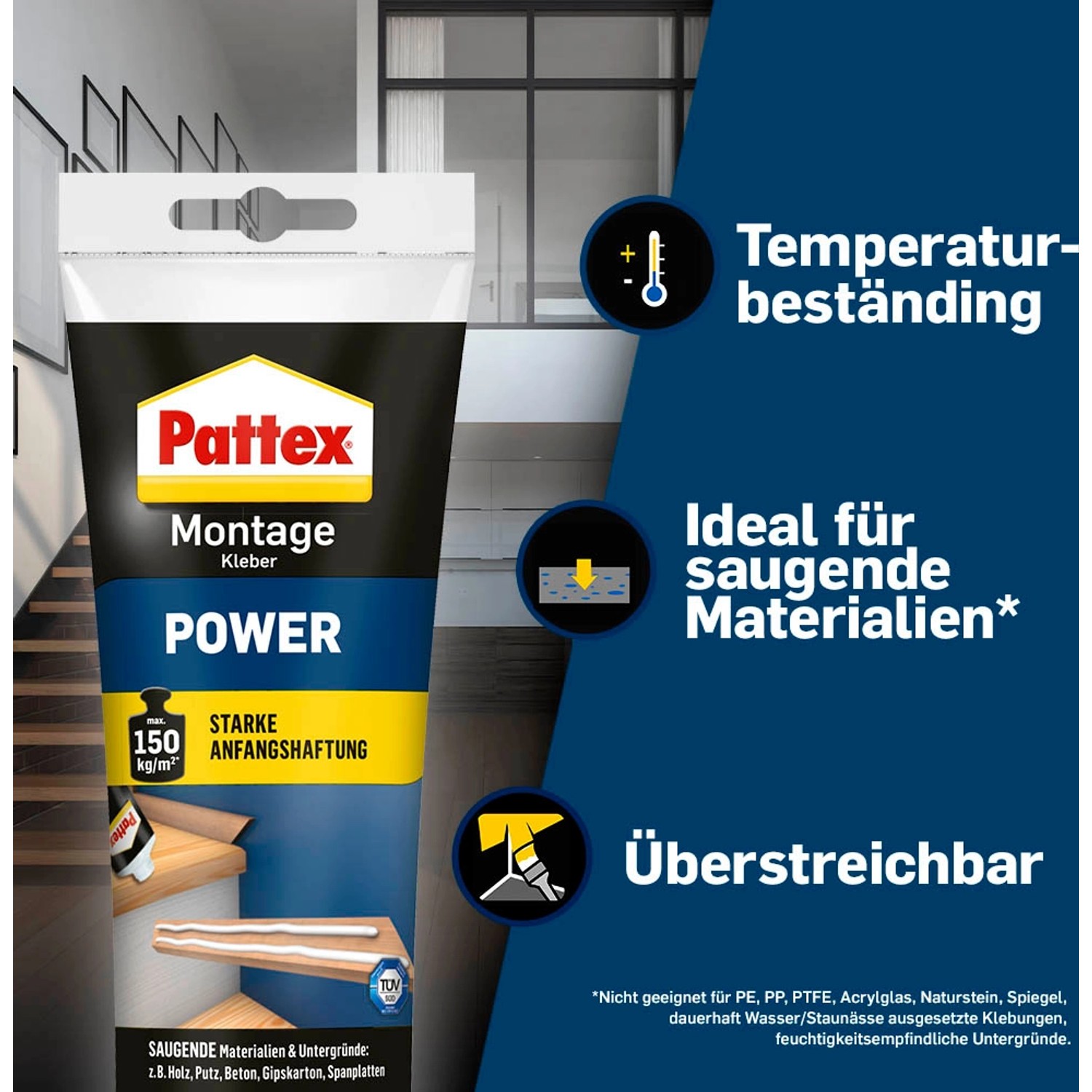 Pattex Power Montagekleber Tube 250g für saugende Materialien, hohe Anfangshaftung.