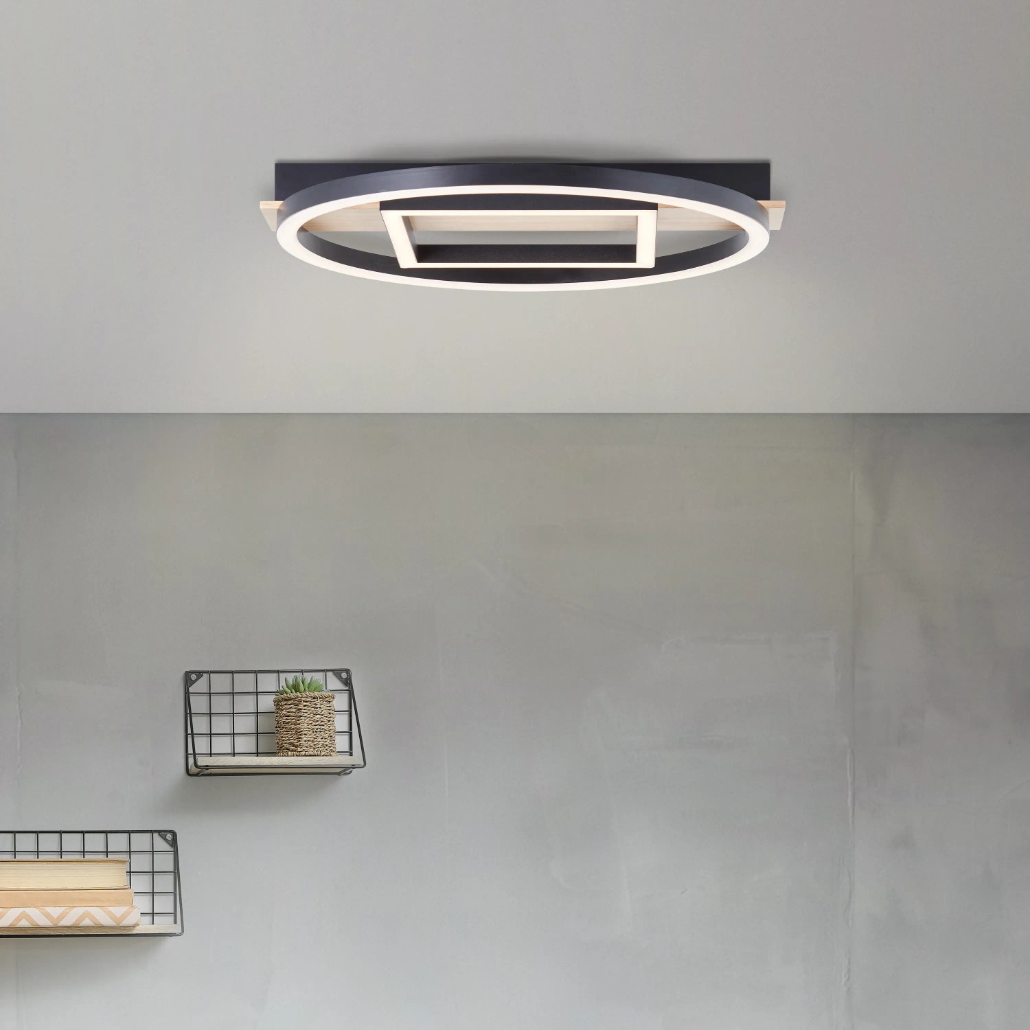 Moderne LED-Deckenleuchte Maureen in Schwarz-Holz Optik, 37x37cm, 2500 Lumen.