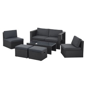 Schwarze Juskys Polyrattan Lounge Salou mit grauen Polstern, bestehend aus Sofa, Sesseln, Hockern und Tisch.