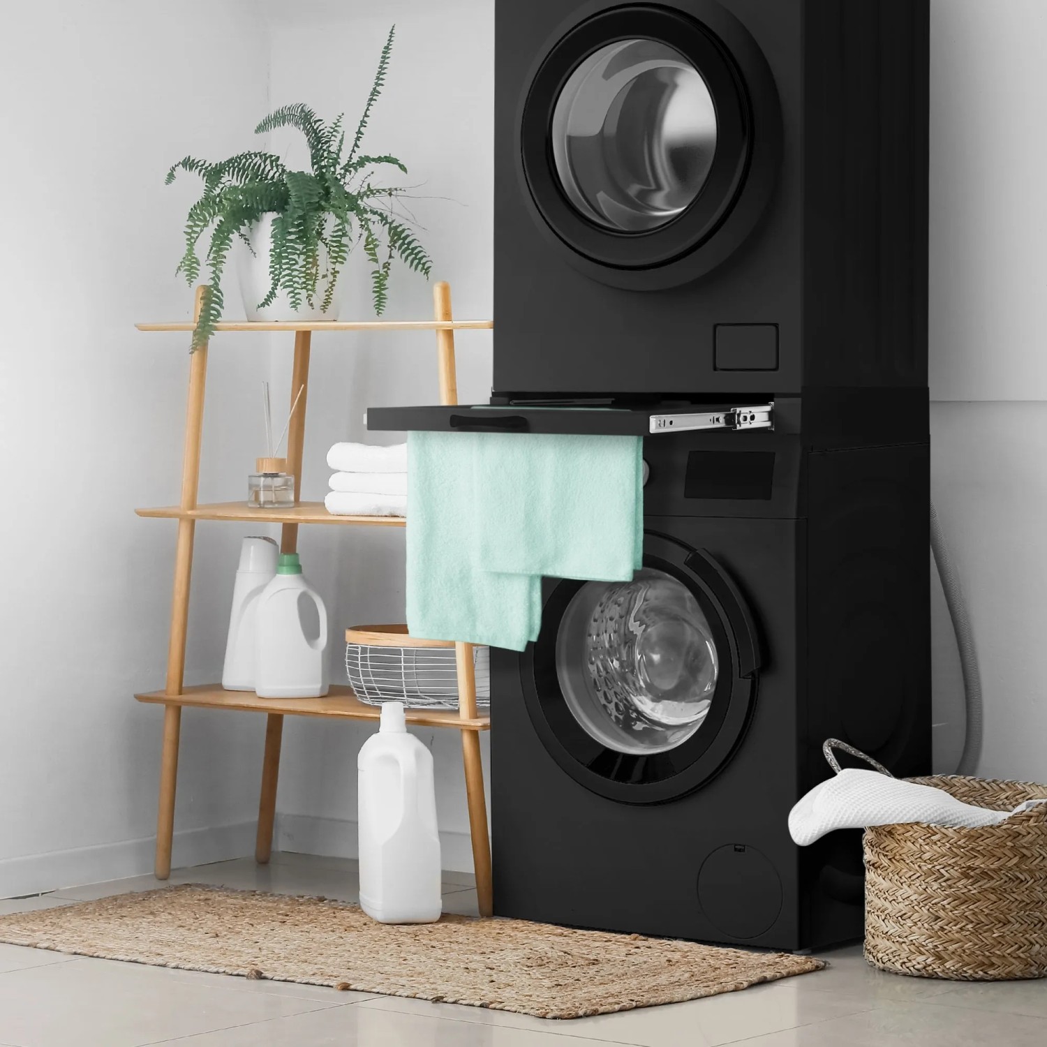 ML-Design Zwischenbaurahmen schwarz mit Wäscheleine für Waschmaschine und Trockner.