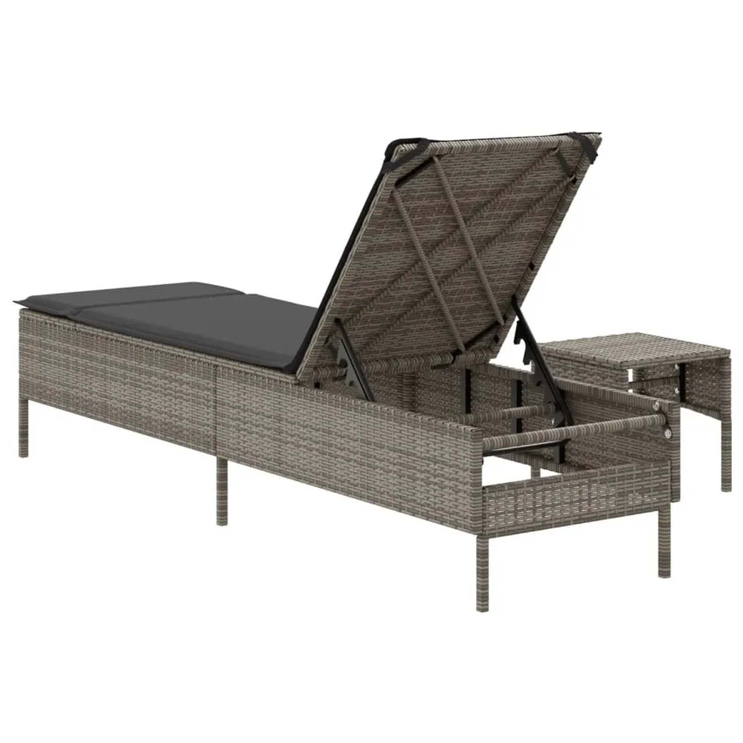 Graue vidaXL Sonnenliege mit Tisch und Auflage aus Poly Rattan. Verstellbare Rückenlehne.