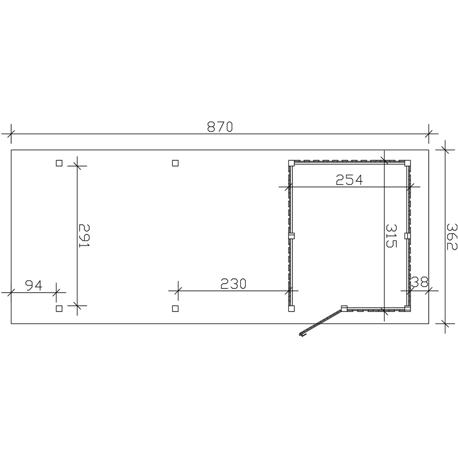Grundriss Skan Holz Carport Wendland Eiche hell mit Anbau, Maße 362x870cm