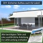 Cremeweißes Toldoro Sonnensegel 4x4m Komplettset mit Montagezubehör und Anleitung im Garten.