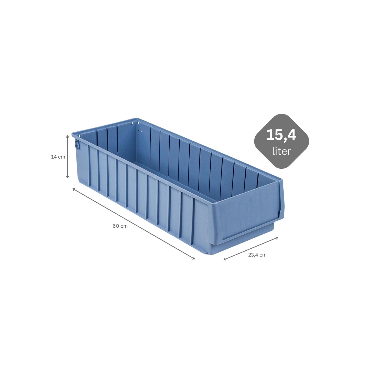 Blauer Regalkasten 15,4 Liter, 14x23,4x60 cm, mit Etikett, aus der Kategorie Aufbewahrungssysteme.