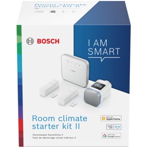 Bosch Smart Home Starter-Set Klima II: Heizkörperthermostat, Controller, Fenster-/Türkontakt im Karton.