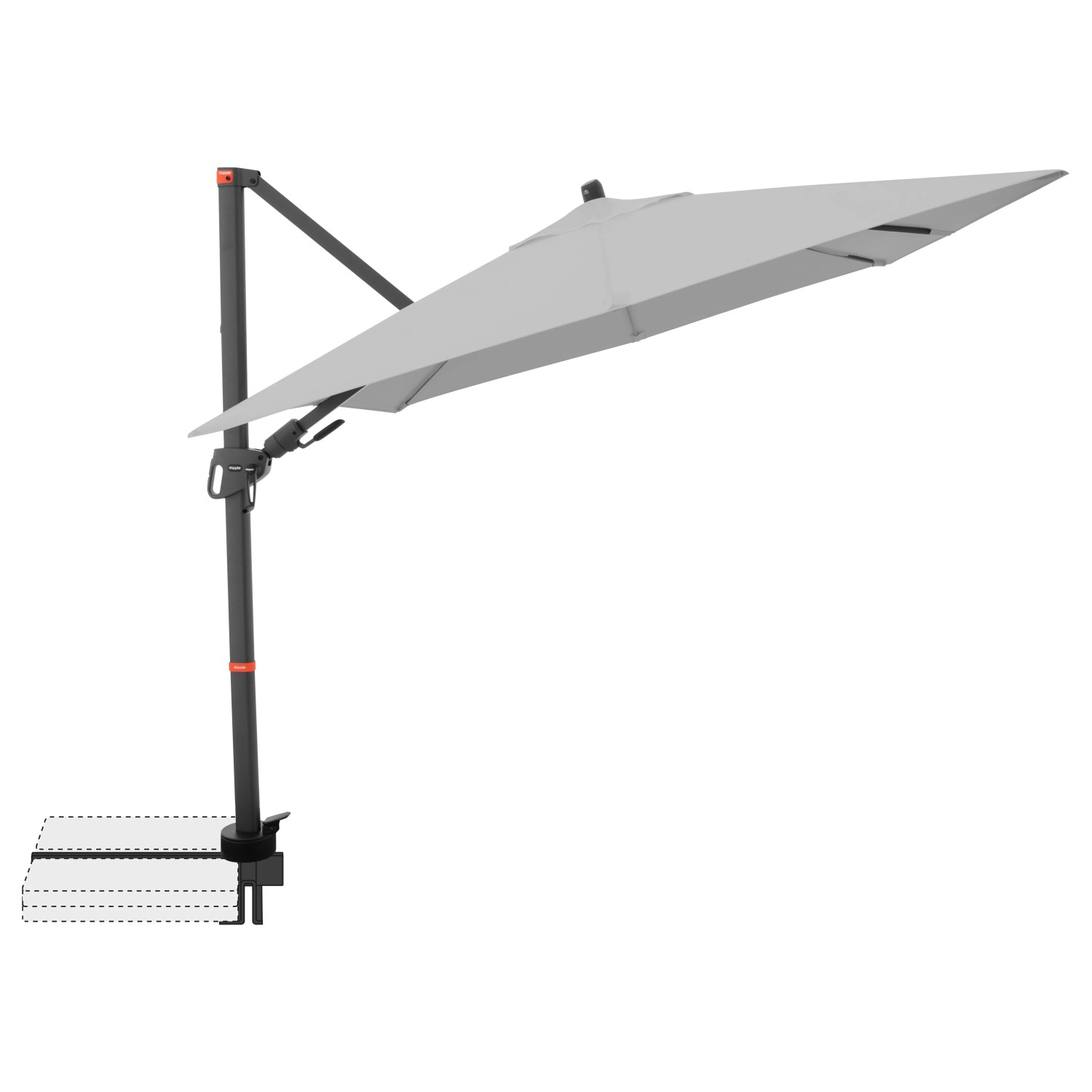 Hellgrauer Doppler Ampelschirm MyZone 210x210 cm mit Dreh- und Neigungsfunktion.
