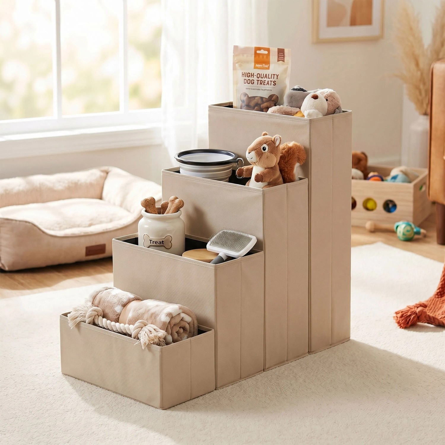 Beige Relaxdays Hundetreppe mit 4 Stufen und integriertem Stauraum, gefüllt mit Tierzubehör. Ideal als Aufstiegshilfe.