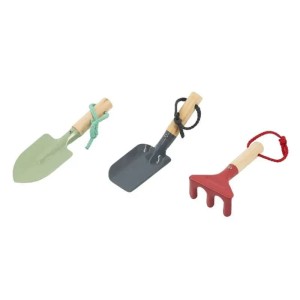 Galaflor Kinder-Gartengeräte Set: Schaufel, Spaten und Harke mit Holzgriffen in Grün, Grau und Rot.