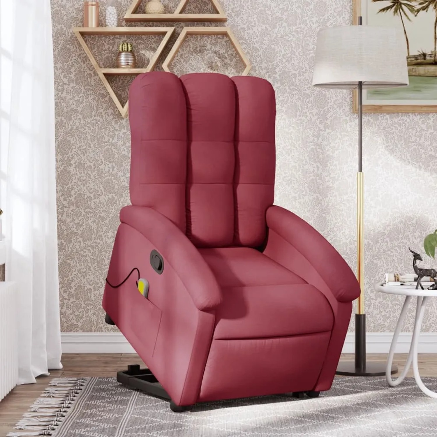 Weinroter Massagesessel mit Aufstehhilfe, Stoffbezug, Relaxsessel für Senioren.