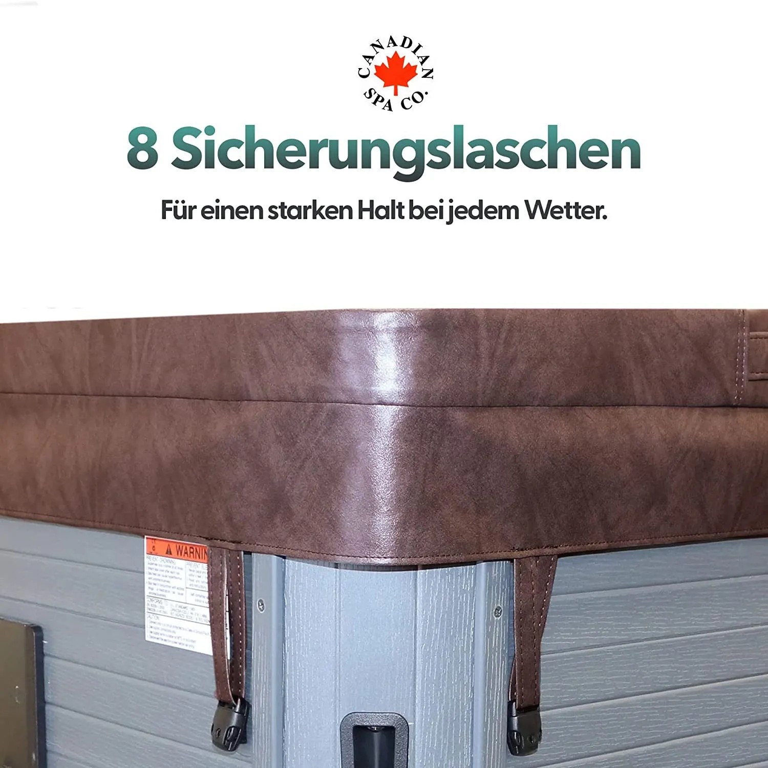 Graue Canadian Spa Isolierabdeckung für Whirlpool mit braunen Sicherungslaschen.