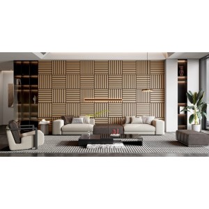 Wohnraum mit Decoflooring Akustikpaneel Light Oak an der Wand.